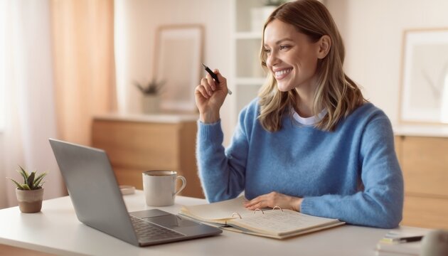Smiling woman working at home with laptop and phone in cozy indoor setting
