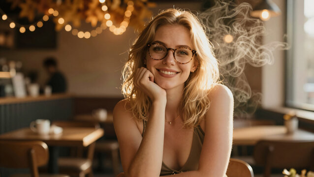 Junge Frau mit Brille l&auml;chelnd im herbstlichen Caf&eacute;