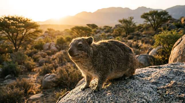 Small furry rock hyrax sits perched on a granite boulder during a vibrant golden sunset hour