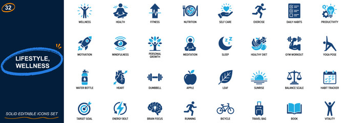 Lifestyle and wellness icon set for healthy living and personal growth. Health, fitness, nutrition, self care, daily habits, motivation, productivity, mindfulness. Editable icons collection. Vector. © aura studio