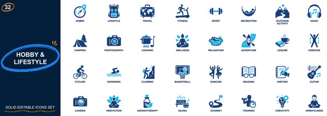 Hobby and lifestyle icon set for travel, fitness, music and outdoor recreation. Sports, camping, photography, wellness, cooking, relaxation, adventure. Editable icons collection. Vector. © aura studio