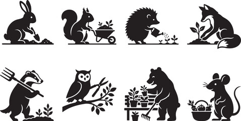 Obraz premium Funny animals gardening with tools and watering cans silhouettes
