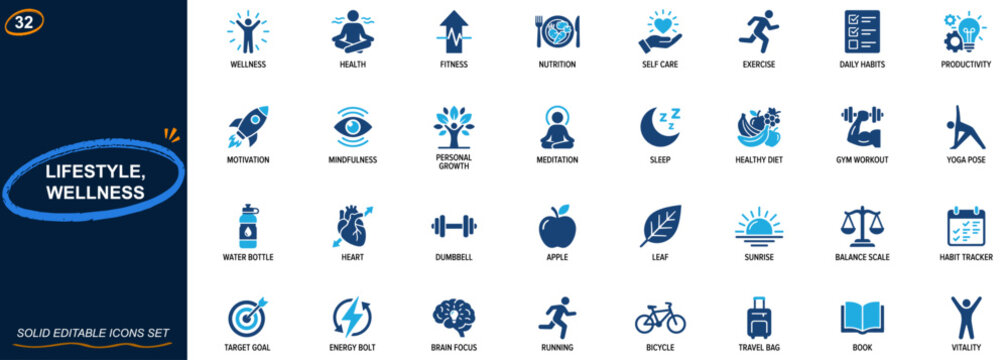 Lifestyle and wellness icon set for healthy living and personal growth. Health, fitness, nutrition, self care, daily habits, motivation, productivity, mindfulness. Editable icons collection. Vector.