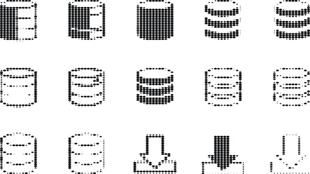 Set of database storage icons constructed with halftone pattern dots on transparent background for modern web design projects.