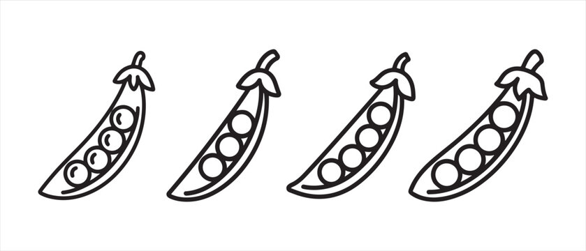 Four pea pods in a row line art illustration isolated on a white background in a minimalist style.