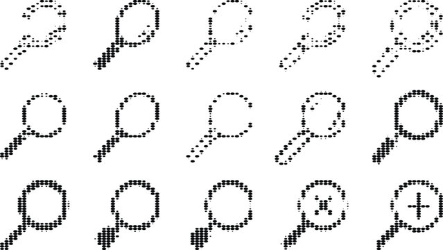Set of halftone magnifying glass icons for search and zoom interface elements graphical design tools for web apps.