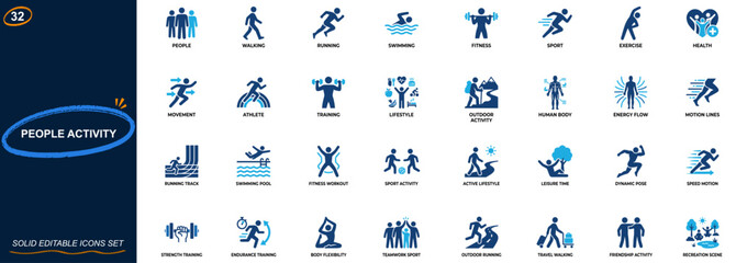 People activity icon set. Walking, running, swimming, fitness, exercise, sport, health, outdoor, lifestyle, motion, energy, wellness, training. Editable icons collection. Vector. © aura studio