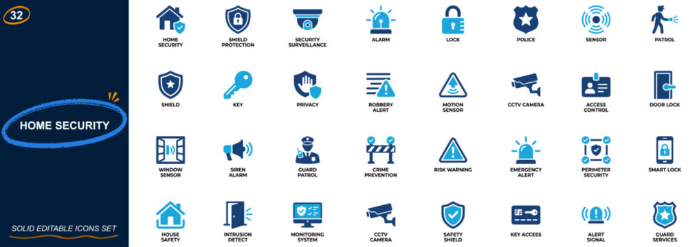 Home security and property protection icon set. surveillance, alarm, lock, police patrol, sensor, crime prevention, access control. Editable icons collection. Vector.
