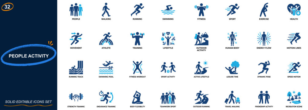 People activity icon set. Walking, running, swimming, fitness, exercise, sport, health, outdoor, lifestyle, motion, energy, wellness, training. Editable icons collection. Vector.