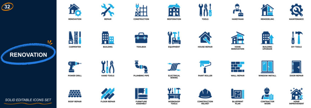 Renovation icon set. House repair, construction, restoration, tools, handyman, remodeling, carpentry, maintenance, plumbing, electrical, building upgrade. Editable icons collection. Vector.