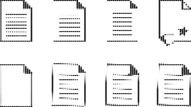 Set of office document paper file icons designed with halftone dot pattern isolated on transparent background for business.