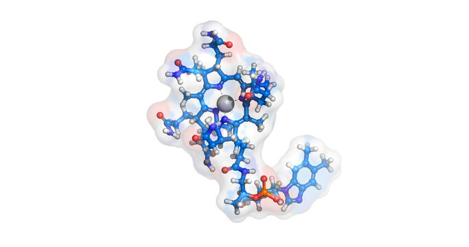 Cobalamin, essential cofactor vitamin for metabolic regulation and neurological health, 3D molecule 4K