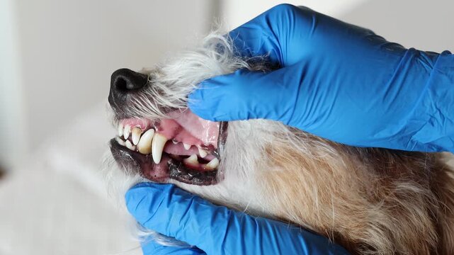 Veterinarian examines teeth of nervous Jack Russell Terrier in clinic. Close up shows plaque and tartar buildup on canine teeth. Doctor in blue gloves performs dental checkup.
