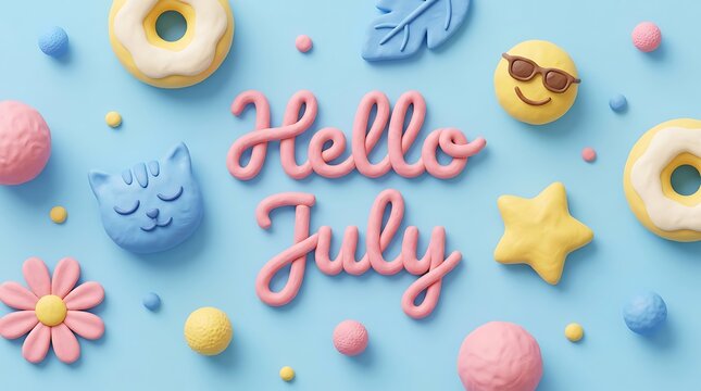 Playful hello july lettering with cute summer icons and donuts on light blue background, cheerful and vibrant design for seasonal greetings.
