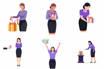 Fototapeta premium Set of business woman character receiving and opening gift boxes for corporate reward and employee appreciation concept
