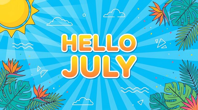 Bright and cheerful hello july greeting with vibrant summer sun and tropical flowers on sunburst background cartoon style.