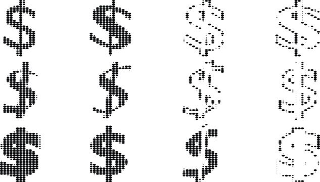 Various currency symbol icons depicting dollar sign using halftone dot effect isolated on transparent background for finance.