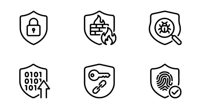 Cyber Security Icons: Shield, Lock, Firewall, Bug, Binary Code, Key, Fingerprint