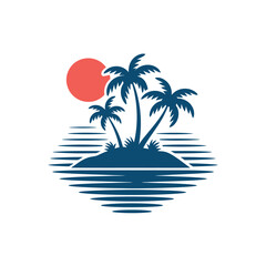 Obraz premium Palm Trees And Sun Silhouette Against Wavy Water Vector Illustration