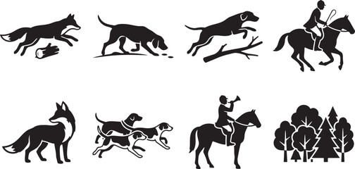 Obraz premium Black silhouette collection of hunting and running scene with foxes hounds and a rider on horseback blowing a horn