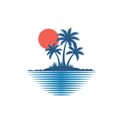 Obraz premium Palm trees and ocean silhouette against a red sun white background