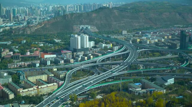 Sweeping Highway Interchange in Lanzhou Mountain City in Lanzhou, Gansu, China