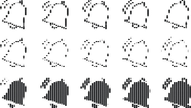 Animation of filling speech bubble shapes with black dots, showing progressive fill from outline to solid form.