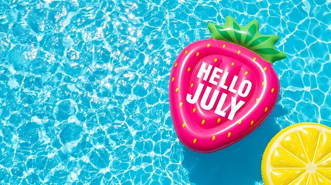 Inflatable strawberry float saying hello july floating in bright blue swimming pool water with sun reflections and lemon slice.