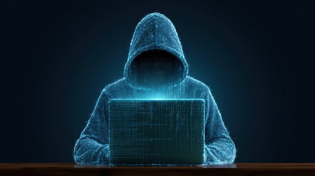 Anonymous hacker in a digital hoodie works on a laptop with glowing code