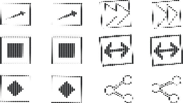 Array of stylized dot art representations of common objects and symbols on grey checkered background.
