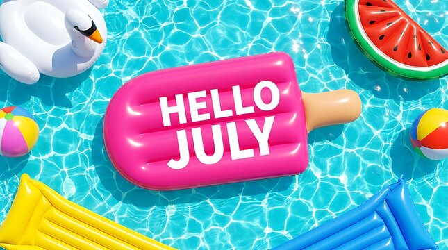 Pink popsicle shaped inflatable with hello july text message floating in clear blue water surrounded by various summer pool toys like swan, watermelon, beach balls and floats.