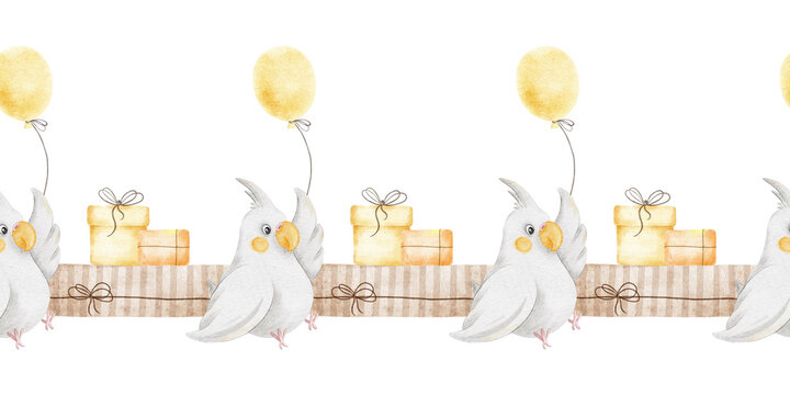 Corella parrot, gift boxes, air balloons kids watercolor seamless border. Nursery endless horizontal festive background of cockatiel bird for baby shower, wrapping paper, fete, birthday party