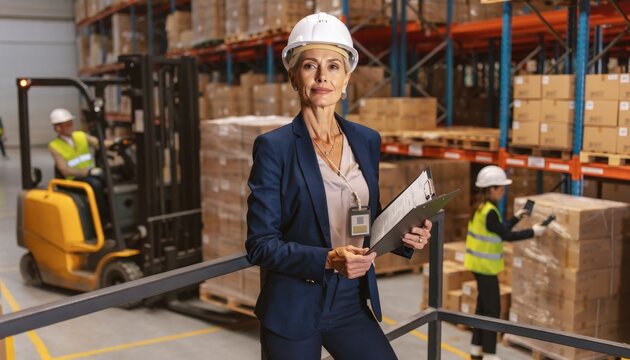Female Supervisor with Clipboard Overseeing Warehouse Operations and Safety