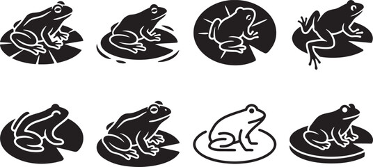 Black silhouette collection of wild frogs sitting on green lily pads from various viewpoints and angles © HM