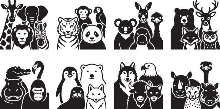 Black silhouette collection of wild safari animals stacked together in dense collage grids for zoo theme