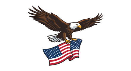 Fototapeta premium Bald eagle perched upon a waving american flag a detailed vector illustration on a white background bird