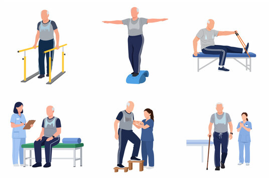 Senior Man Undergoing Physiotherapy and Rehabilitation Exercises Set