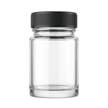 Clear glass jar with black plastic lid and airtight seal on a plain background.