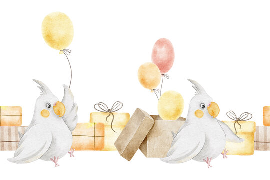 Corella parrot, gift boxes, air balloons kids watercolor seamless border. Nursery endless horizontal background of cockatiel bird for baby shower, wrapping paper, birthday party, felicitation
