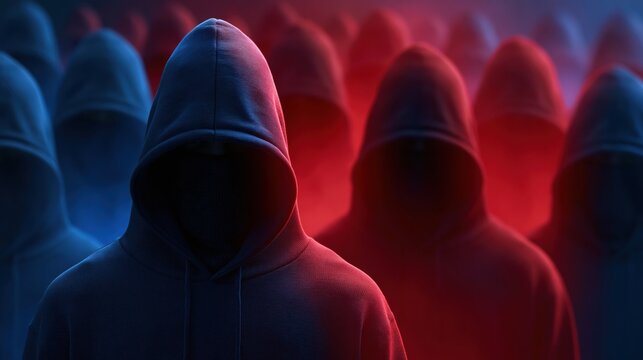 Mysterious hooded figures in a crowd, representing cybercrime and anonymity