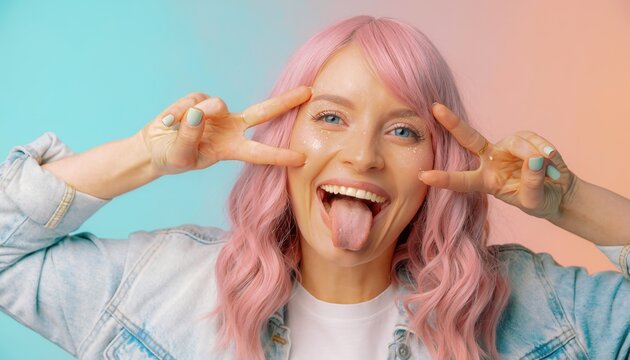 Young woman with pink hair making funny face and peace signs against pastel background