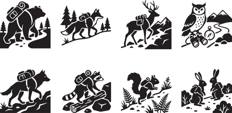 Black silhouette collection of animals hiking and backpacking in the mountains with gear maps and compasses