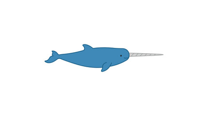 Blue cartoon narwhal swimming on white background. © Muhammad