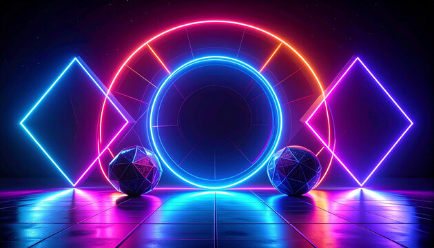 Neon geometric shapes with spheres on floor