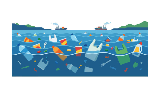 Plastic waste and trash polluting the ocean water.