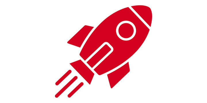 Red rocket ship icon with flames on transparent background