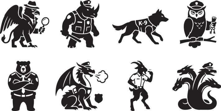 Black silhouette collection of animals working as police officers security guards and emergency law enforcement services