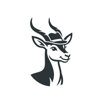 Elegant gazelle head wearing a small stylish hat.