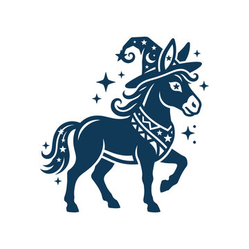 Whimsical donkey wearing a wizard hat among magical stars.