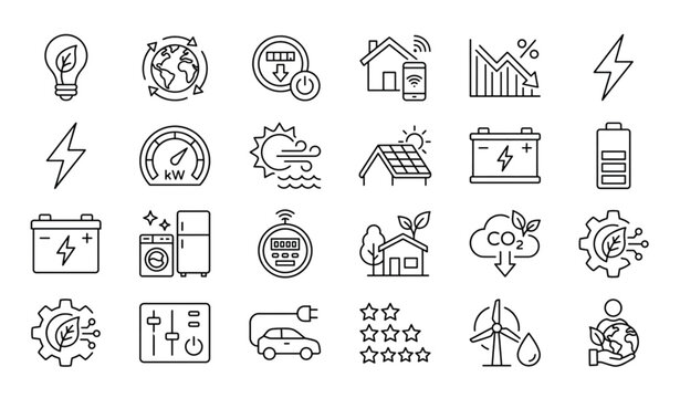 Energy Efficiency Outline Icon Set with Energy Saving Electricity Consumption and Smart Home Symbols